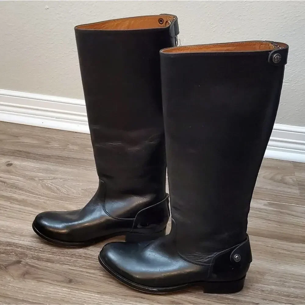 Frye Melissa snap back Black‎ distressed leather riding boots size 6